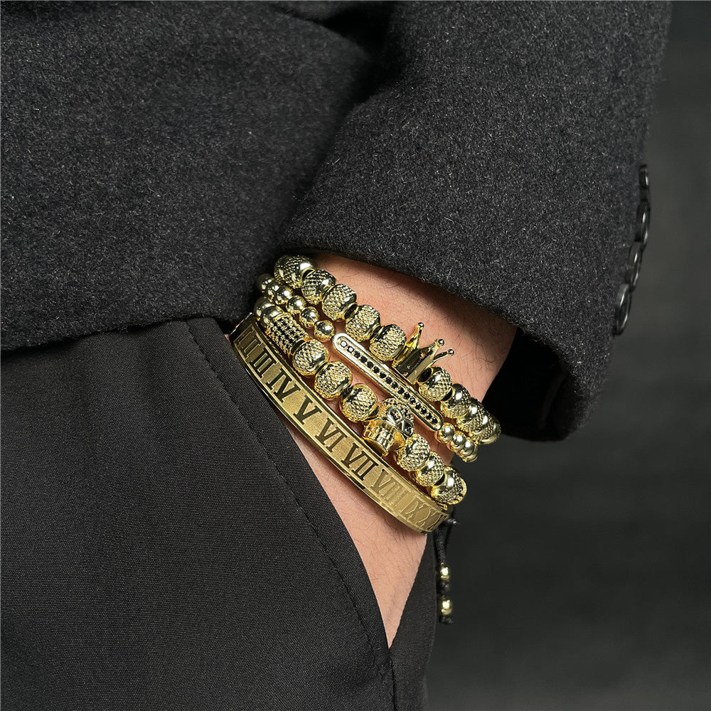 Stainless Steel Roman Letter Copper Inlaid Zircon Crown Skull Bracelet
