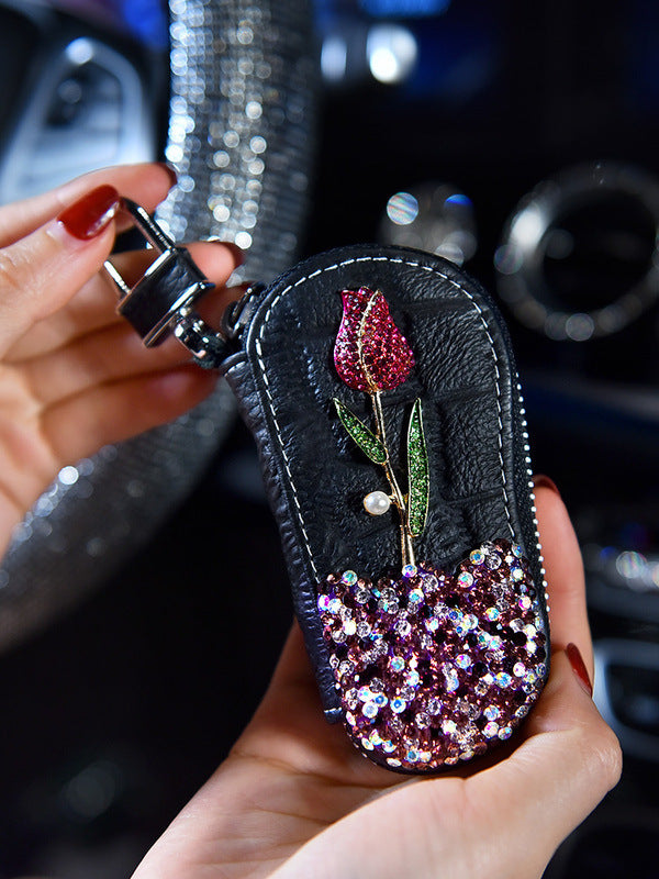 Car Key Case With Diamonds And Roses Cute Female Creative Personality Fashion Car Key Protection Cover