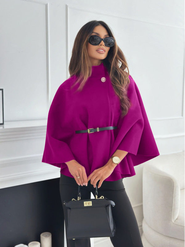 New Stand Collar Batwing Sleeves Cloak Top With Belt Ins Fashion Temperament Jacket Woolen Sweater Outwear For Women Clothing