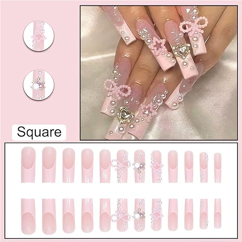 24 PCS Bowbowknot Nail Art, Long Length Long Water Pipe Fake Nails,Square Head Nail Tips False Nail