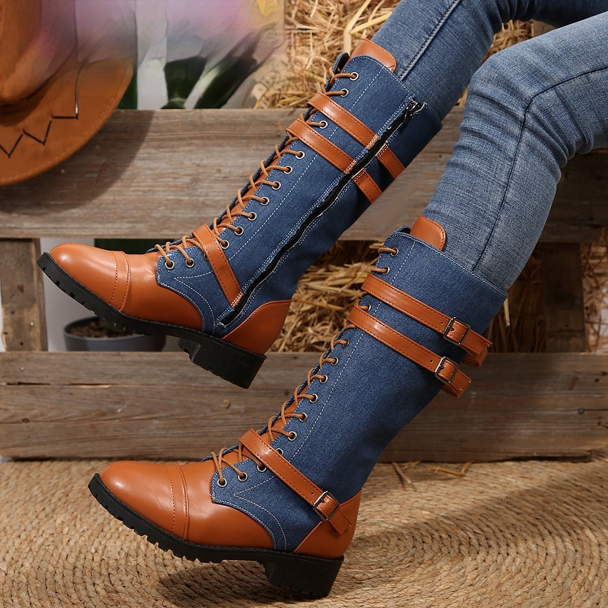 Round Toe Rivet Belt Buckle Square Heel Boots