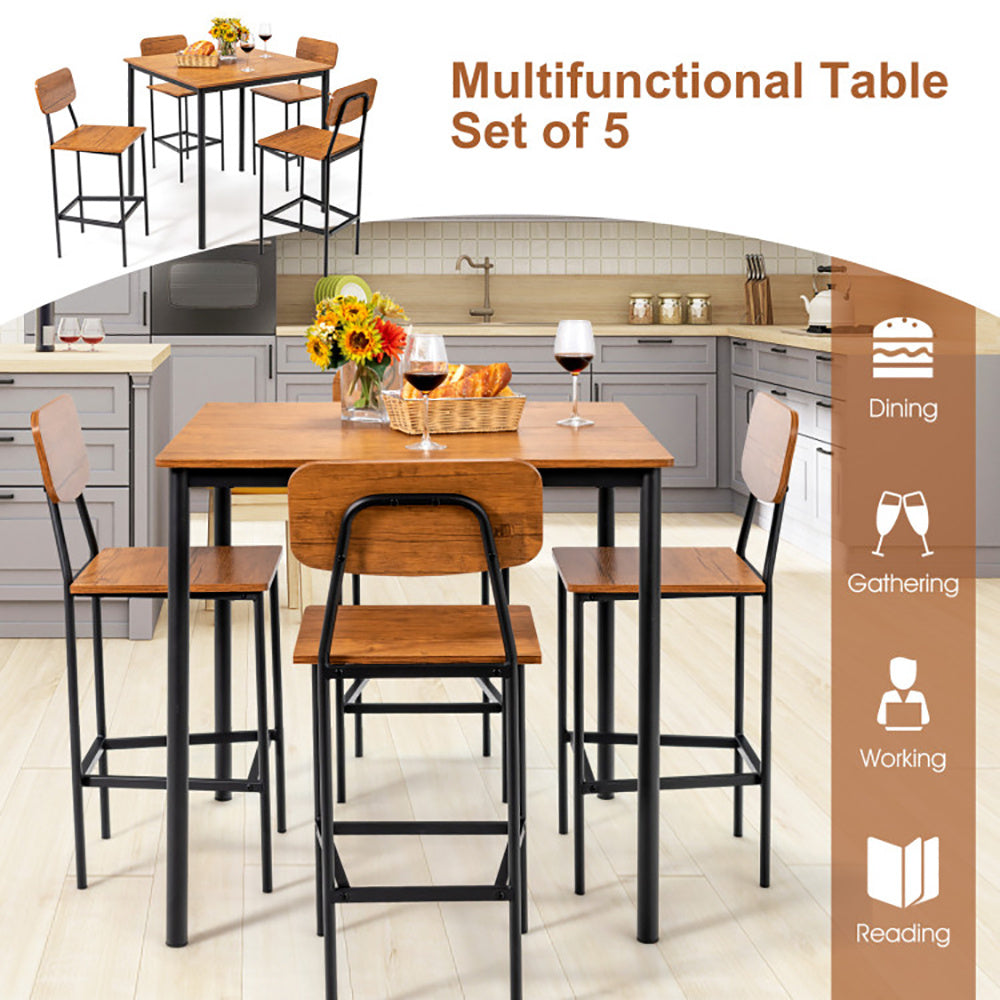 5 Pieces Industrial Dining Table Set With Counter Height Table And 4 Bar Stools