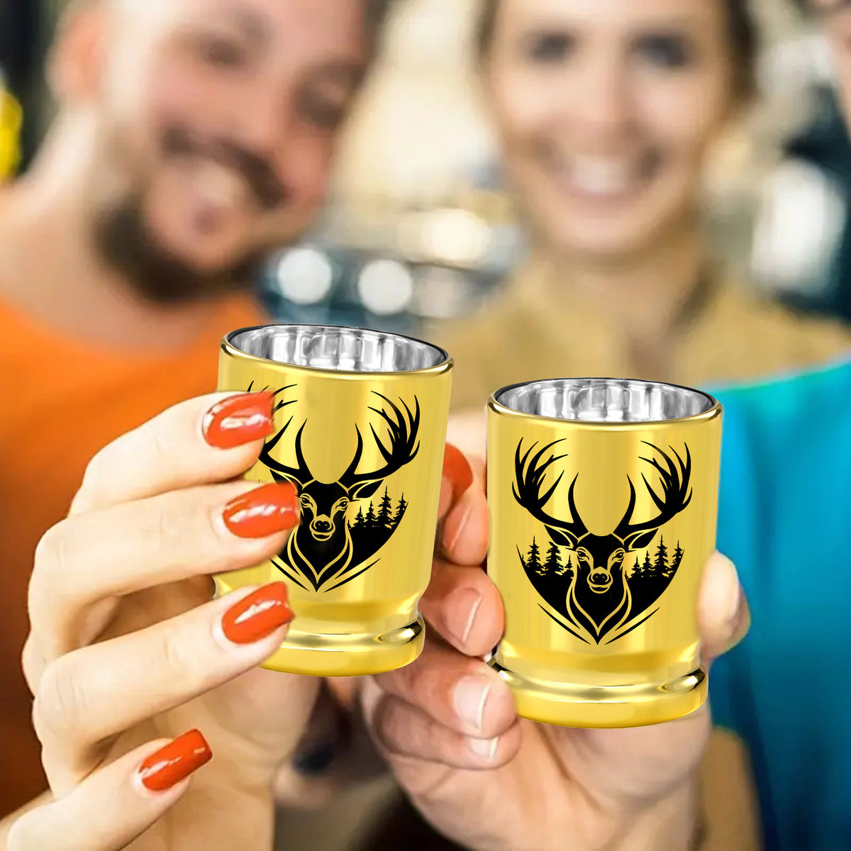 2pcs  50 Caliber Deer Head Golden Plastic Wine Glasses With Gift Box - Leak Proof, Reusable - Stylish Animal Print Design, Suitable For Whiskey, Tequila, Etc