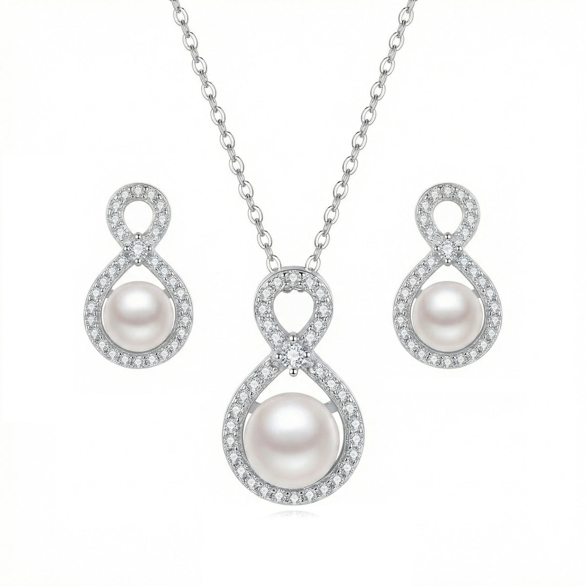 925 Sterling Silver Elegant Sterling Silver Infinity Pearl Necklace and Earrings Jewelry Set