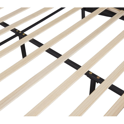 Full Size Upholstered Faux Leather Platform Bed With LED Light Bed Frame With Slatted - Black