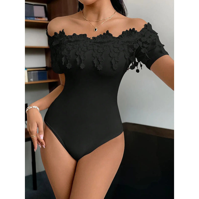 Women's Off Shoulder Short Sleeve Bodysuit Sexy Lace Bodycon Top