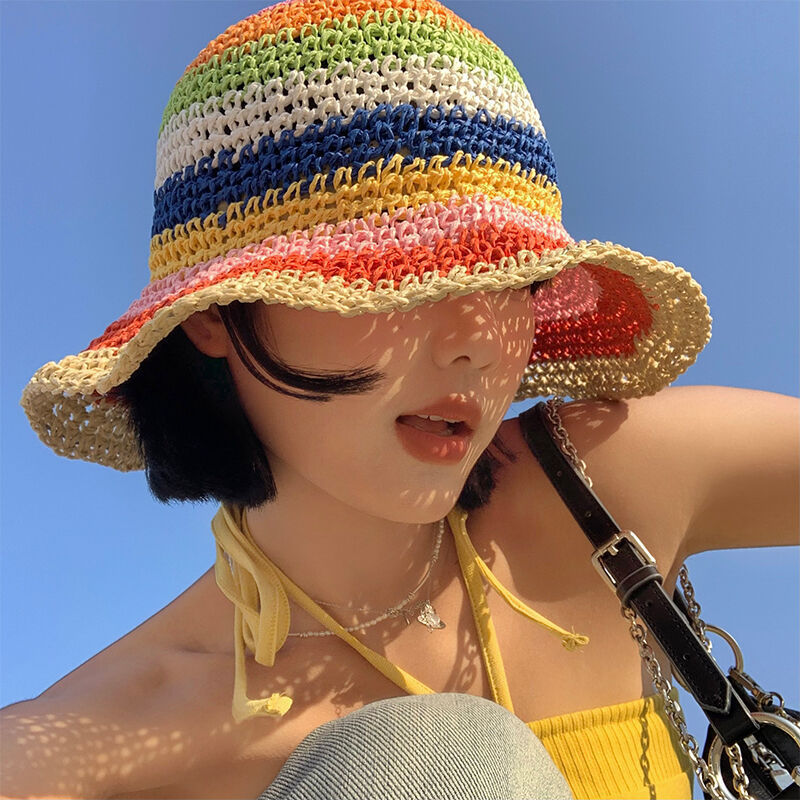 Rainbow Straw Bucket Hat Women's Summer Breathable Sun-Proof Sun Protection