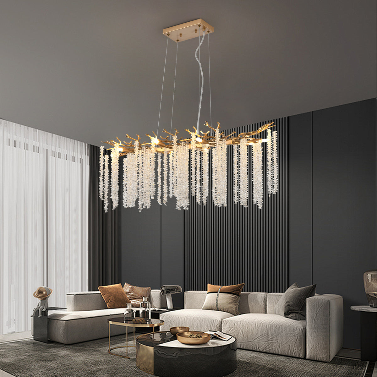 39-inch Modern Golden Pendant Light With Cascading Crystal Strands, Ideal For Living Room, Dining Room And Foyer, High-End Decorative Lighting Fixture Bulb Not Included