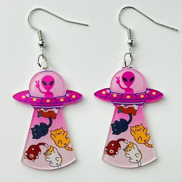 Funny Earrings Acrylic Cat Disco Laser Sphere Moon Alien Universe Fly