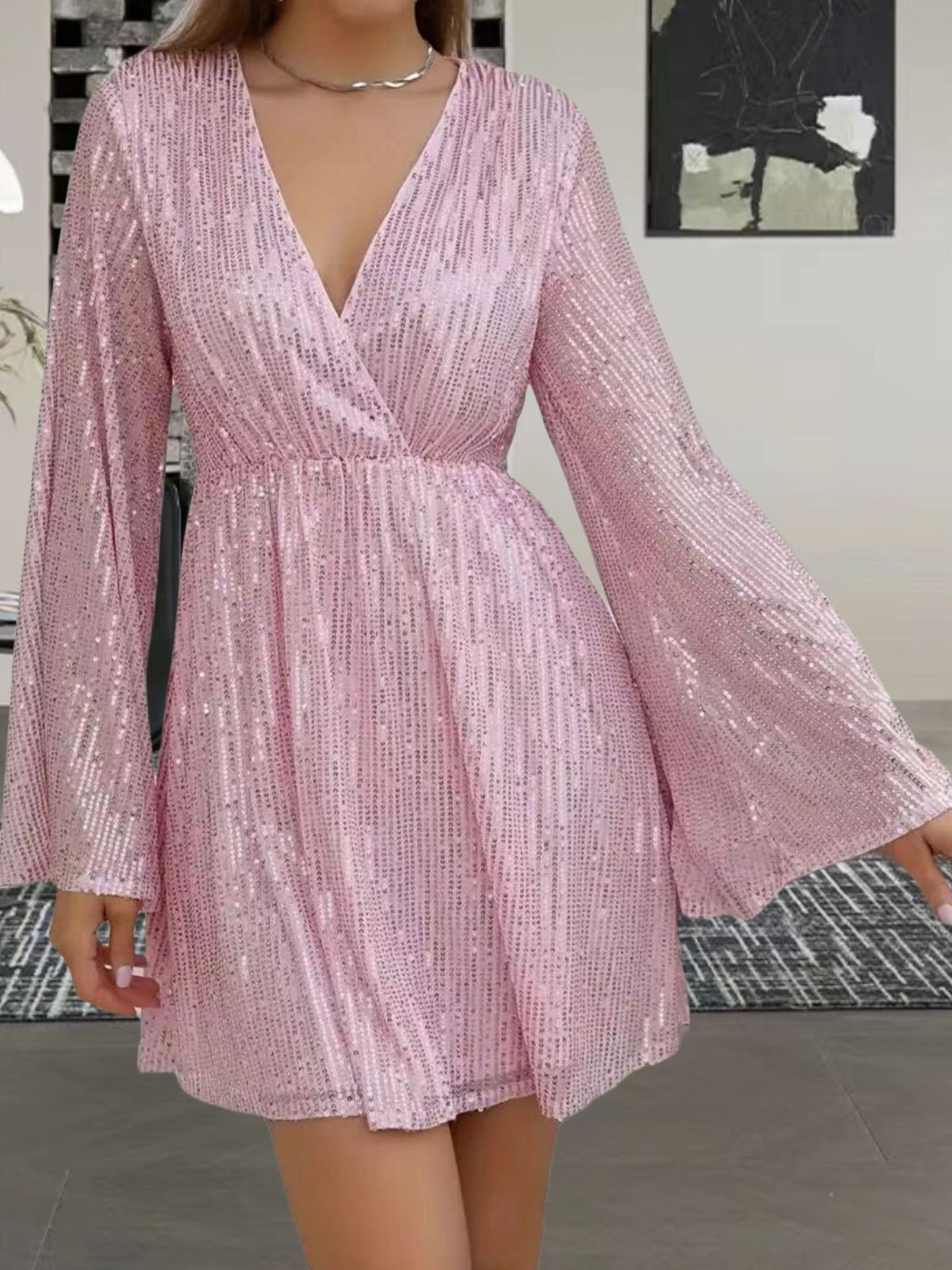 V-Neck Sequin Waist Slimming Senior Party Evening Dress