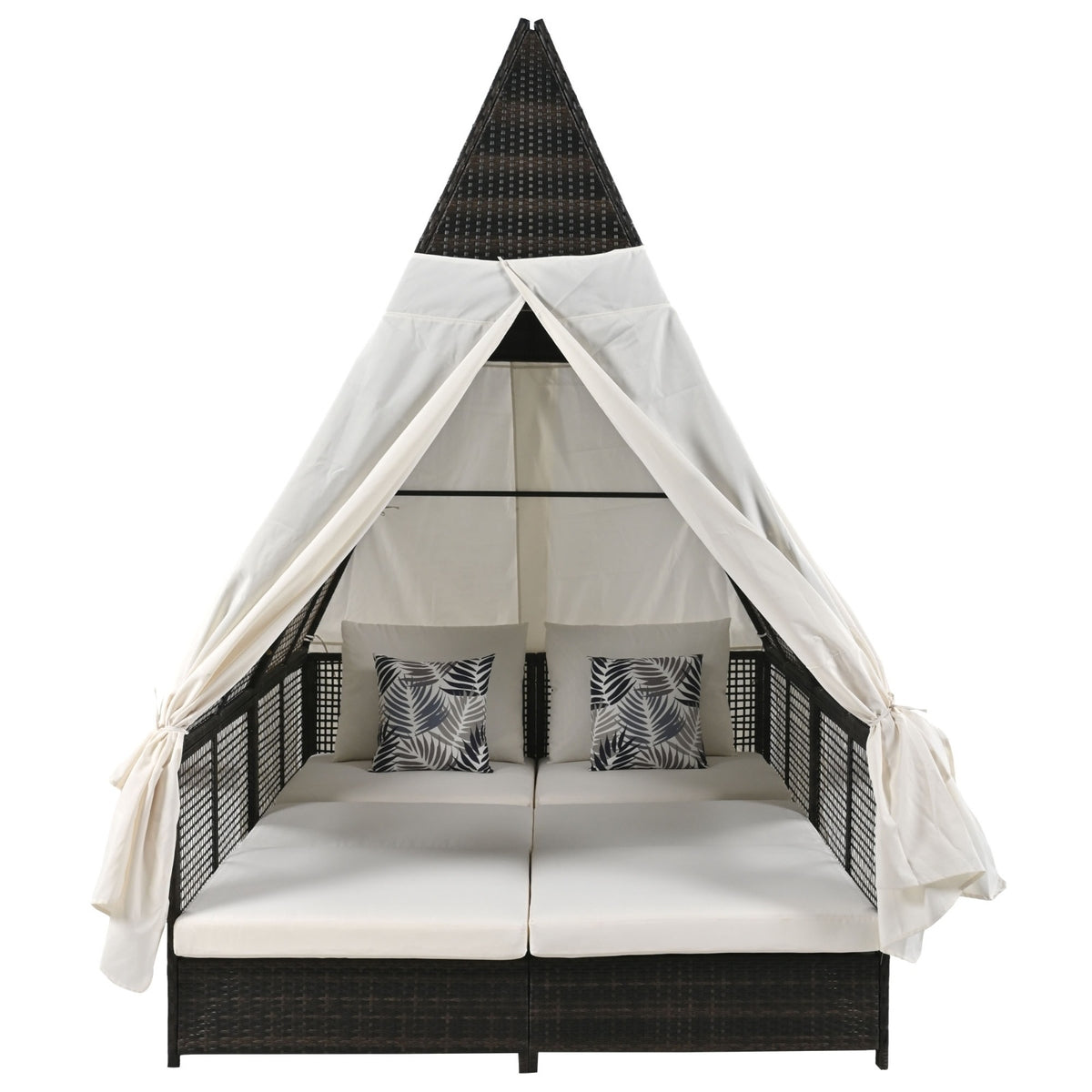 Outdoor Daybed With Adjustable Backrest And Curtains, Double Sun Lounger