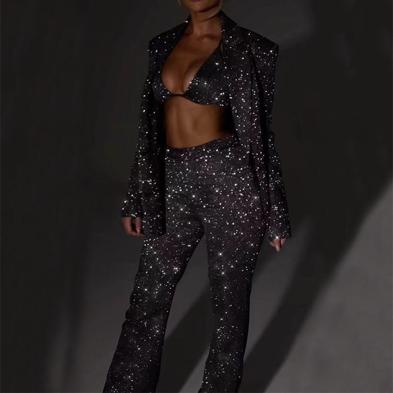 3pcs Shiny Long-sleeved Suit with Bra Lapel Blazer and Straight-Leg Trousers Fashion Party Jacket Set for Women Clothing