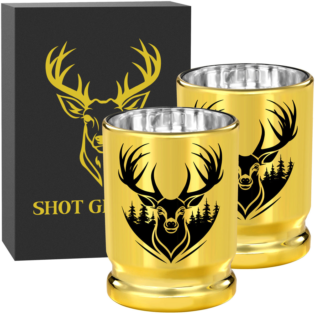 2pcs  50 Caliber Deer Head Golden Plastic Wine Glasses With Gift Box - Leak Proof, Reusable - Stylish Animal Print Design, Suitable For Whiskey, Tequila, Etc