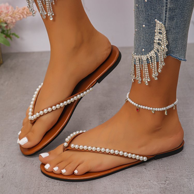 Flat Bottom Flip-flops Flip-flops Women's Summer Wear 2025 New Fairy Style Pearl Soft Bottom Non-slip Beach Slippers