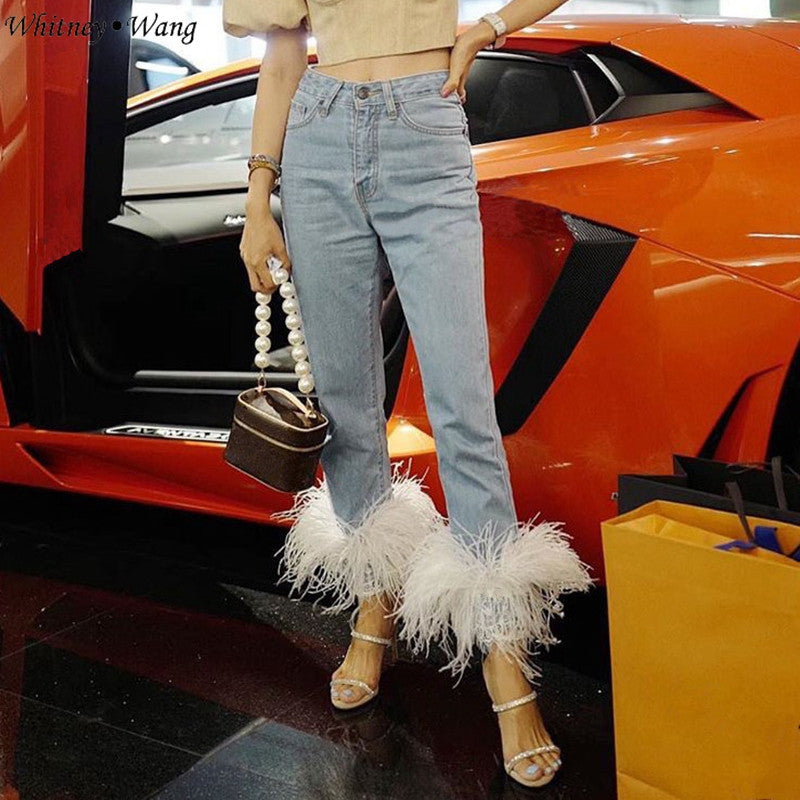 High Waist Straight Loose Slim Pants Real Ostrich Feather
