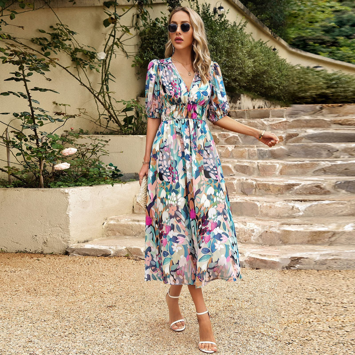 New V-Neck Printed Short-Sleeved Long Dress Summer Fashion Slim Seaside Vacation Beach Dresses For Women Clothing
